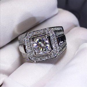 * NEW Men Silver Square Diamond Wide Band Ring